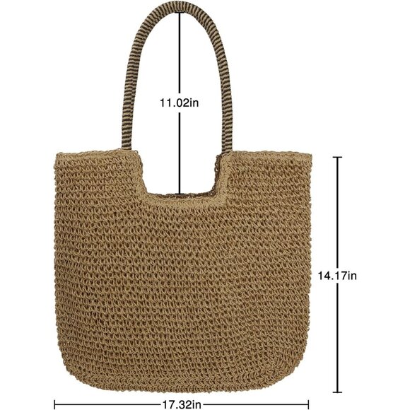 Women's B-brown Large Straw Beach Bag Handmade Woven Shoulder Hobo Tote Handbag - Picture 3 of 5